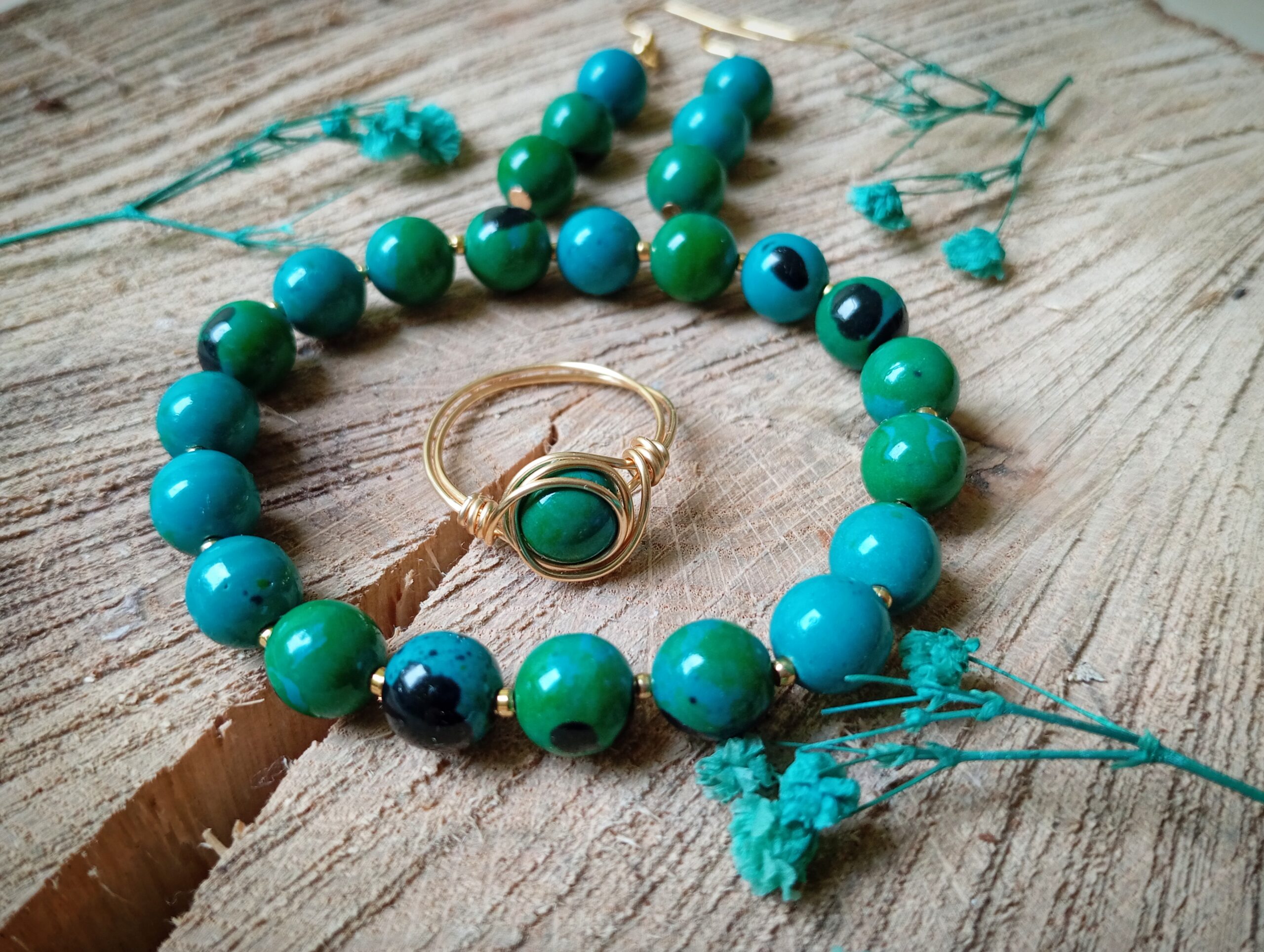 Komplet "Turquoise blend" - kolczyki, bransoletka, pierścionek