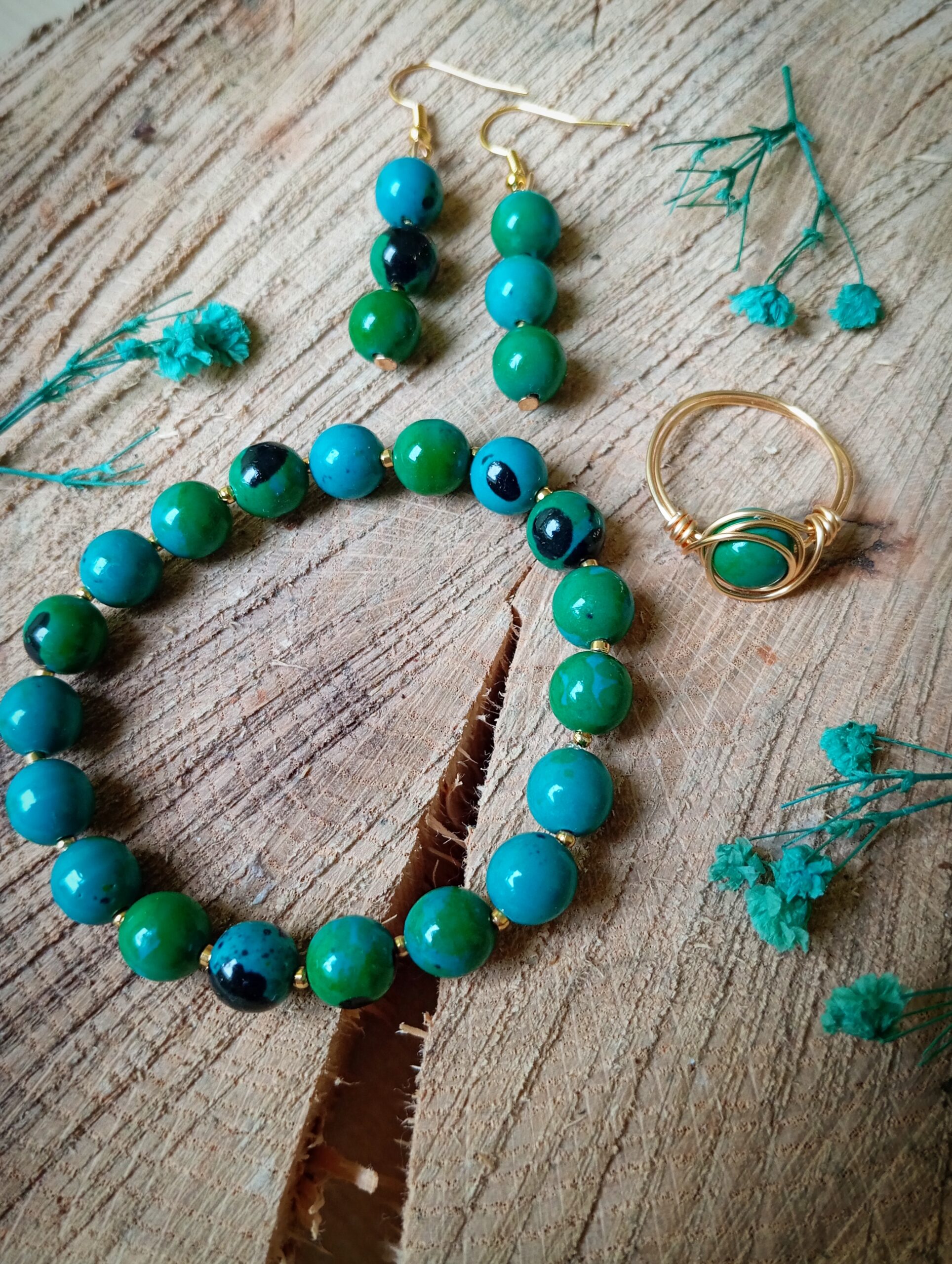 Komplet "Turquoise blend" - kolczyki, bransoletka, pierścionek - obrazek 2